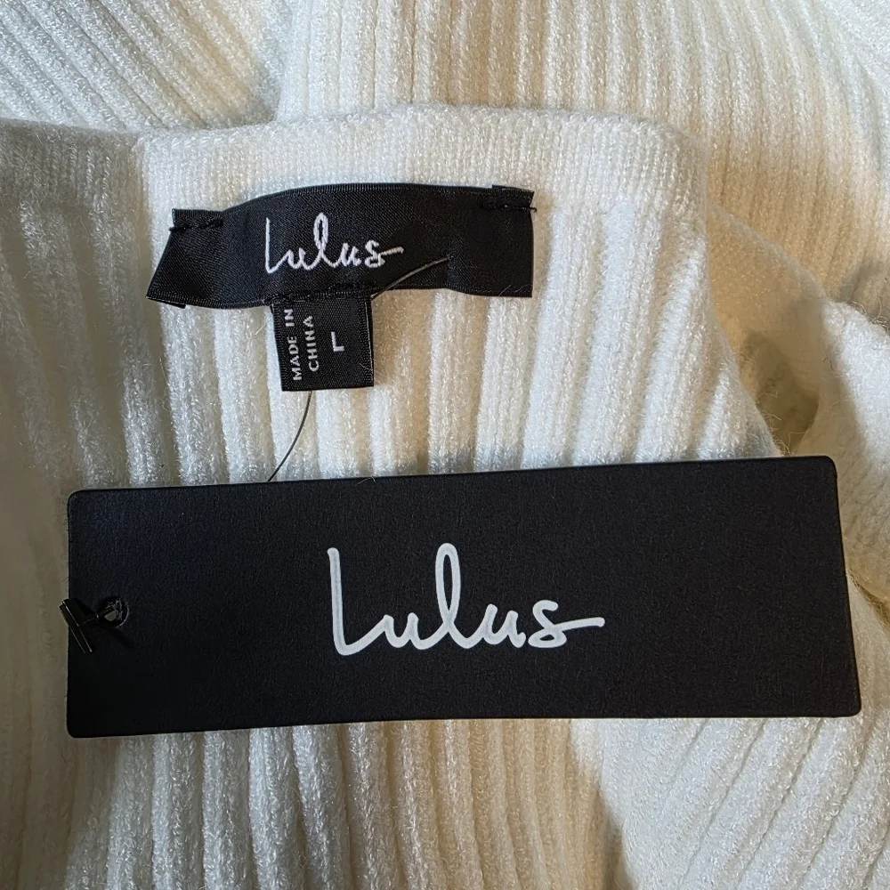 Lulus L Gleaming Babe White Ribbed Knit Pearl Midi Sweater Dress, Size Large